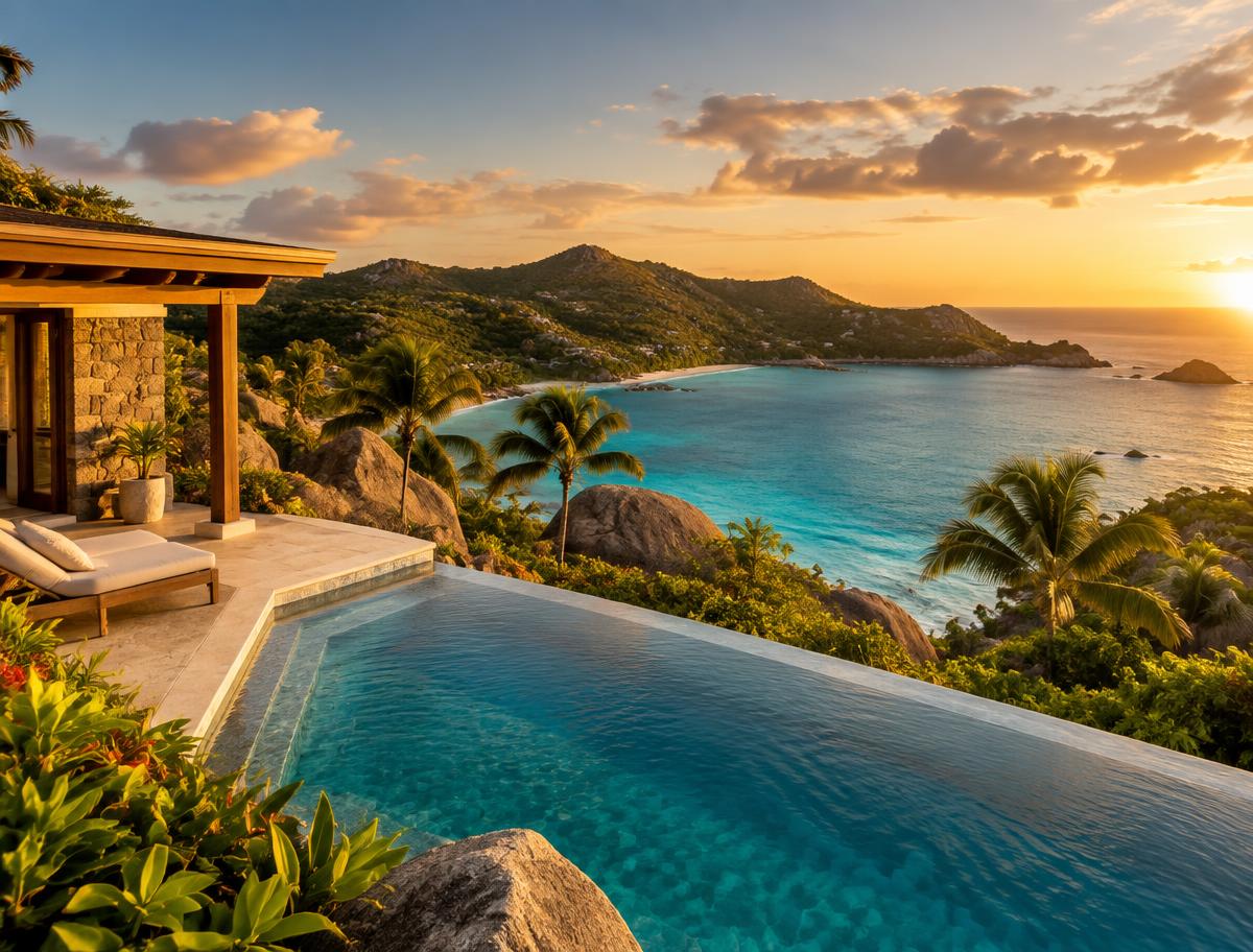 Hillside pool villa overlooking a turquoise Caribbean bay